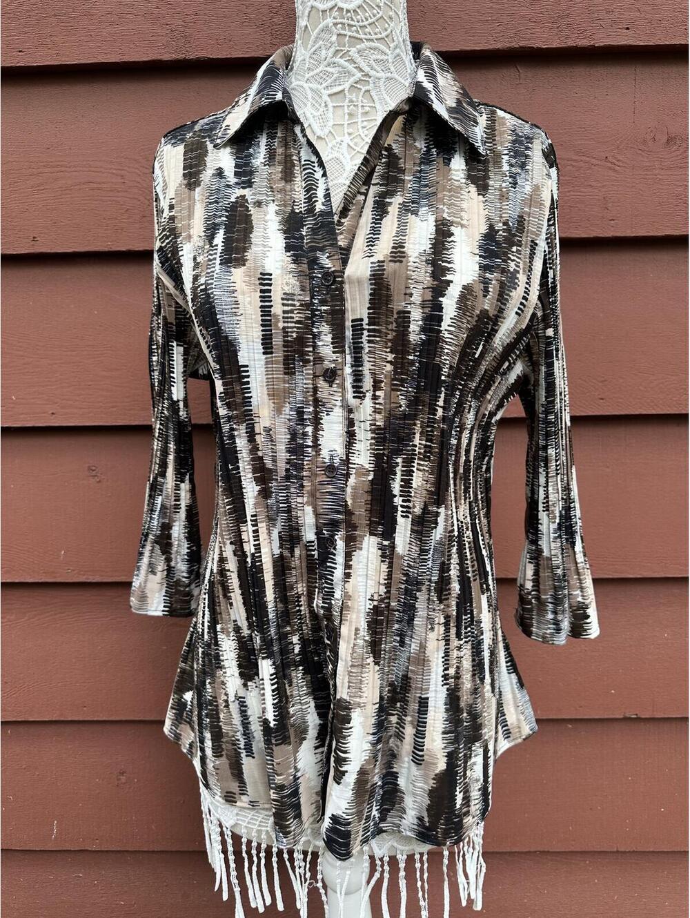 Laura Scott Abstract Print Button Front Tunic Blouse Boho Y2K Style